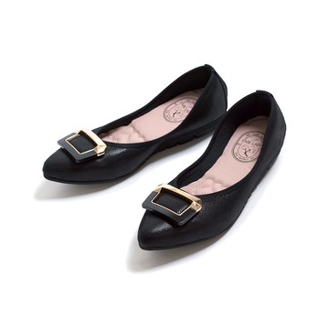 我的旅行日記  摩登飾釦尖頭平底娃娃鞋 黑 (502918)