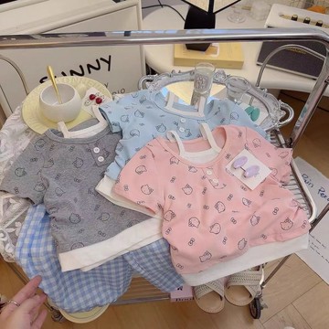 Mimo⭐女童韓版假兩件卡通短袖甜美風T恤女寶寶夏季上衣