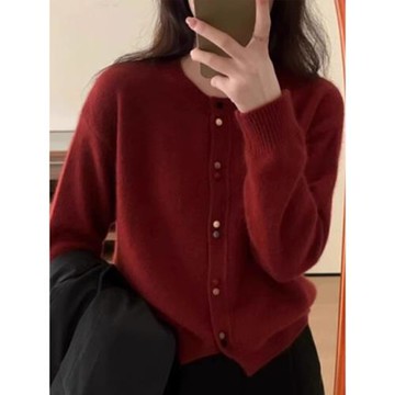 白領哥弟新2025秋冬圣誕新年紅圓領羊毛針織開衫軟糯毛衣外套上衣