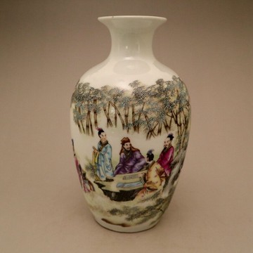 古玩陶瓷器收藏 粉彩竹林七賢圖紋插花瓶家居擺件擺設工藝品禮品