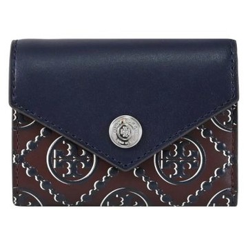 TORY BURCH 立體LOGO撞色三折式小短夾(深藍/棕)
