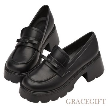 【Grace Gift】清甜學院風蝴蝶結輕量厚底樂福鞋 黑