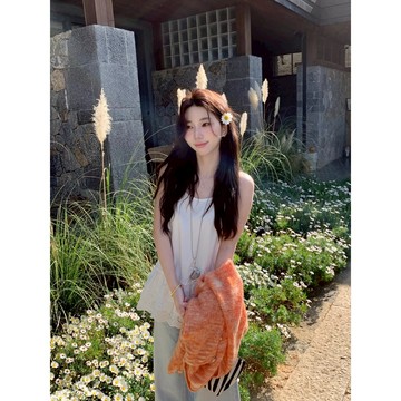 【NZN】白色U型領蕾絲吊帶背心，中長法式襯衫