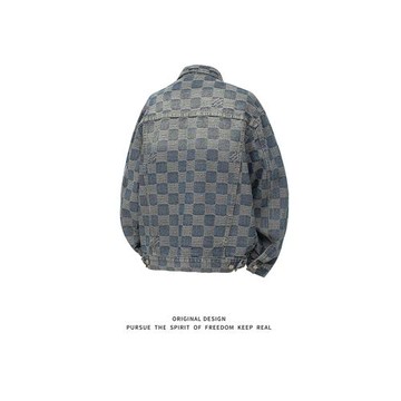 水洗復古提花格子牛仔外套男秋季新款美式重工設計感寬松工裝夾克