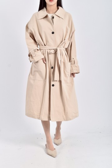 (L) mo bo質感棉質翻領排扣杏色綁帶外套