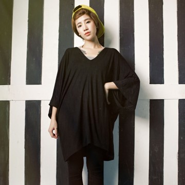 古著 雙V領深V抓皺寬袖柔棉洋裝
