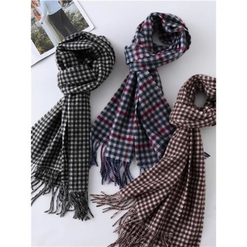 純羊毛小格子圍巾男女士冬季黑白格紋羊絨圍脖韓系學生條紋保暖厚