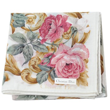 DIOR 迪奧 Christian DIOR 迪奧 迪奧 100%棉優雅玫瑰花束圖騰品牌字母LOGO帕領巾(米白系)