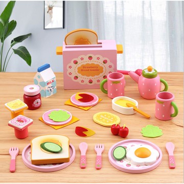 ❤️台灣現貨❤️ 木製玩具 兒童玩具 木製仿真草莓木玩 早餐吐司機組 扮家家酒玩具 益智玩具  聖誕禮物 兒童生日禮物