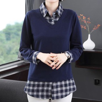 麗質達人 - 8018藍色格紋拼接假二件式上衣