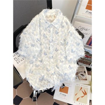 流蘇蝴蝶提花襯衫男短袖高級感上衣夏季寬松美式潮牌情侶襯衣外套