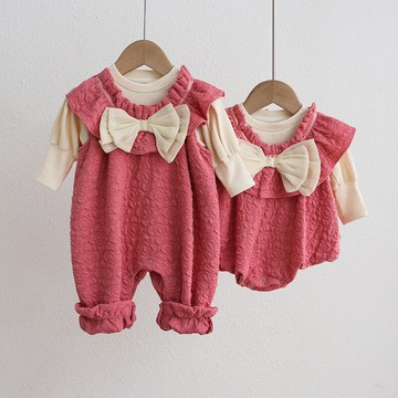 網紅春季新款蝴蝶結背帶褲兩件套女寶寶爬服長袖連體衣包屁衣新生鑫弘-萌寶童裝可開發票