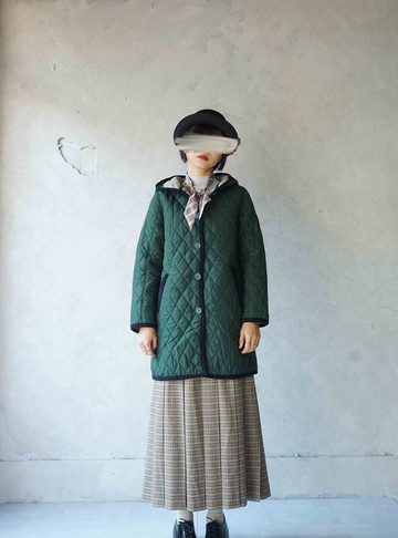 尋寶古著-森林綠菱格紋衍縫鋪棉連帽長版外套