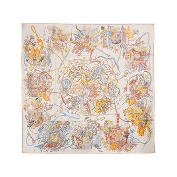 Hermes 愛馬仕 Le Monde d Hermès 喀什米爾馬場圖印花混絲披巾/大方巾-140cm(橘/棕)