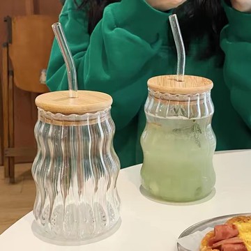 玻璃杯 吸管杯 咖啡玻璃杯水杯吸管ins杯子牛奶家用果汁高顔值飲料茶杯冷飲餐廳 NU2E