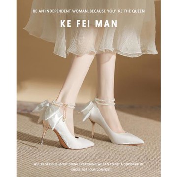 【珂菲曼】珍珠鏈蝴蝶結高跟鞋女緞面尖頭細跟主紗白色婚鞋新娘鞋