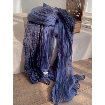 江南氣質 復古壓皺印花春秋棉麻圍巾文藝女冬季碎花護頸紗巾軍綠