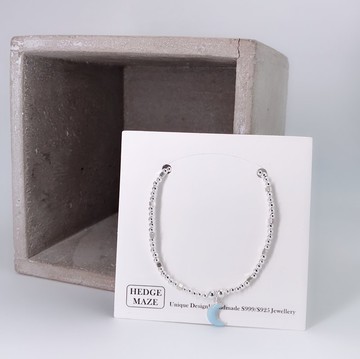 純銀 粉藍月亮吊牌 S925 銀珠 手鍊