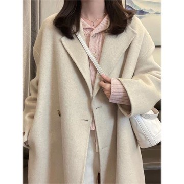 白色毛呢大衣女小個子2024年冬季新款韓系外套寬松呢子毛呢中長款