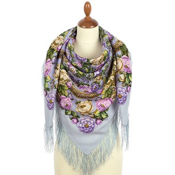 帕夫洛夫帕薩德俄羅斯披肩 100% 羊毛圍巾 125x125 公分 絲綢流蘇 2000-13