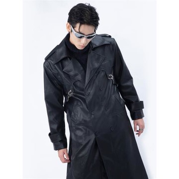 PLAN1ONE孫澈Pu皮質拼接金屬墊肩大衣雙層拉鏈中長款過膝外套上衣