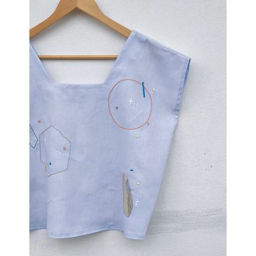 刺繡 | 亞麻 | 方領上衣 淺藍色