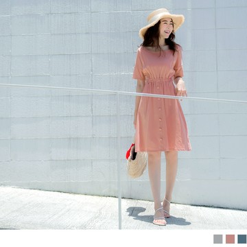 高含棉斜肩圓領縮腰排扣洋裝