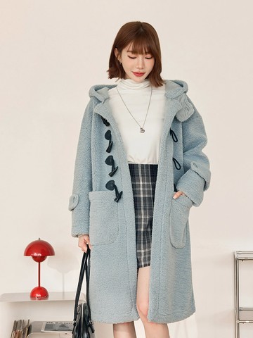 保暖泰迪熊牛角釦長版連帽外套