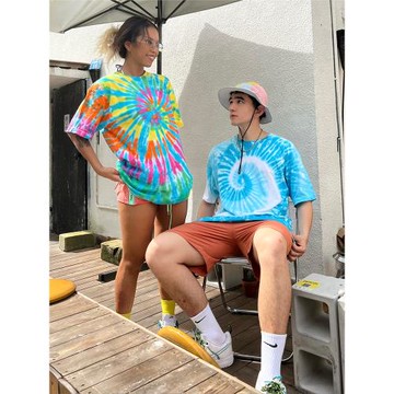 TDE原創潮牌短袖寬松純棉男滑板情侶手工扎染T恤女街舞嘻哈多巴胺