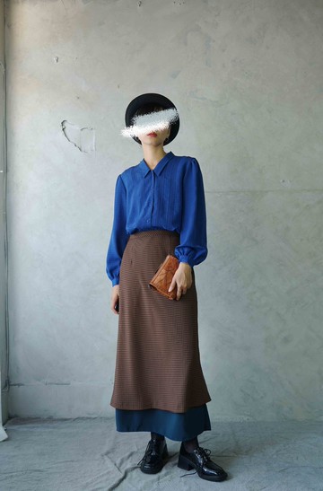 尋寶古著-昭和風情日式復古印花深棕色拼色下擺長裙