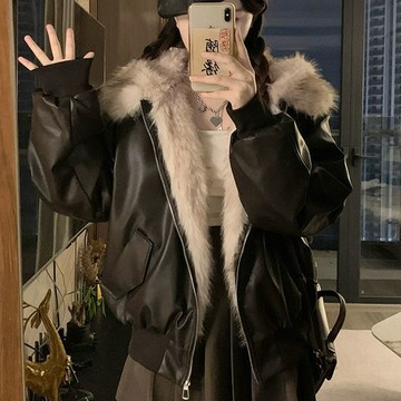 毛毛外套女 冬天外套 保暖外套  女裝加厚保暖座山雕毛領皮衣短外套女秋冬季新款韓系羊羔毛絨棉服大衣