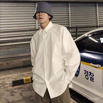 港風純色長袖襯衫男韓版潮流寬鬆加大碼白色襯衣男士春秋內搭上衣 PZFE