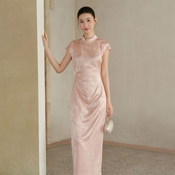 醋酸提花旗袍洋裝 / 新中式修身長裙 / 粉色緞面連身裙