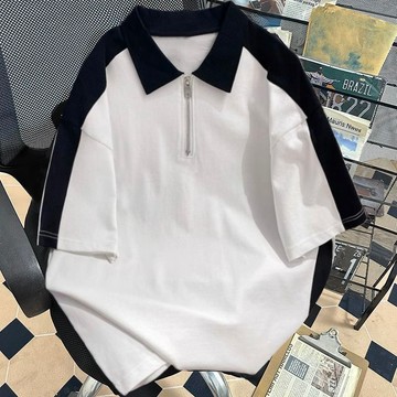 臺灣出貨 夏季美式拉鍊男士POLO衫撞色短袖T恤男寬鬆百搭翻領上衣上衣男短袖上衣排球衣