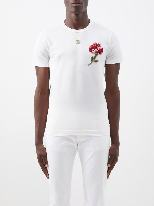 Dolce & Gabbana - Floral-embroidery Cotton-jersey T-shirt - Mens - White