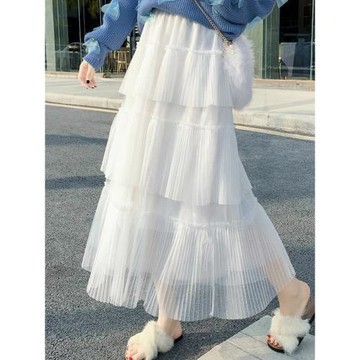 2024春秋新款網紗裙半身裙層層蛋糕裙中長款仙女裙高腰女網紗長裙