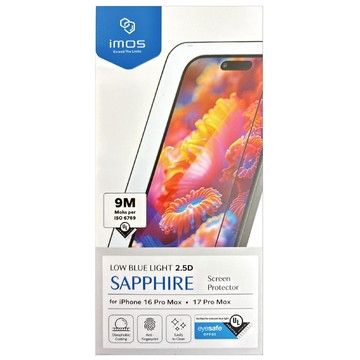 imos 2.5D亮面 RPF80低藍光藍寶石玻璃貼  iPhone 16 Pro Max/iPhone 17 Pro Max  1個