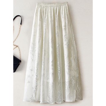 重工刺繡順紆真絲半身裙女春夏新款中長款仙氣飄逸桑蠶絲順垂紗裙