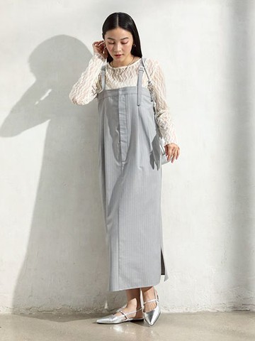 細條紋側開衩可調吊帶裙(06000244900) - Green Parks