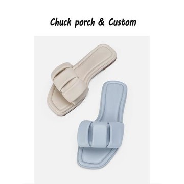 韓版涼拖女夏外穿仙女風時尚編織方頭一字拖海邊度假平底防滑拖鞋