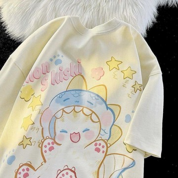 臺灣出貨 免運100%純棉300克重磅日系復古可愛卡通短袖t恤男女夏季新款小衆寬鬆0911