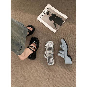 增高厚底拖鞋女夏外穿新款韓版法式仙女百搭配裙子銀色高級感涼拖