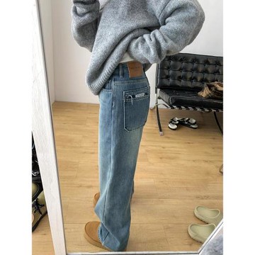 復古藍闊腿牛仔褲女秋冬加絨加厚寬松大碼顯瘦胖mm梨型身材直筒褲