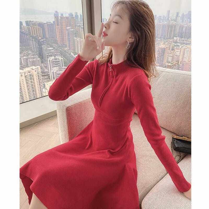 赤いニットジャンパーワンピース女性の秋と冬の新しいは 小さなaラインスカートの通勤の長いセクションの底を取る 通販 Lineポイント最大0 5 Get Lineショッピング