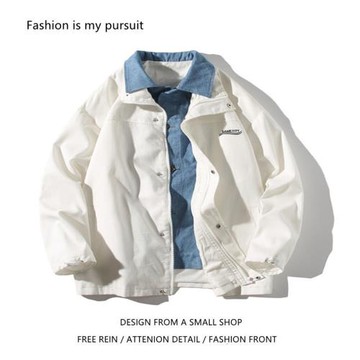 日系復古假兩件拼接翻領夾克男潮牌港風休閑寬松bf風學生百搭外套