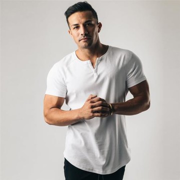 肌肉男棉質圓領T恤運動短袖亨利衫歐美風格硬漢健身訓練扣子衫V領