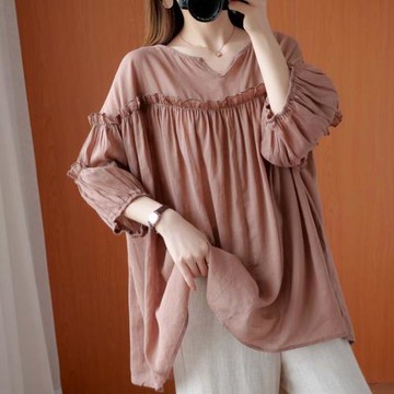 大碼胖妹妹減齡遮肉娃娃衫2024夏裝寬松百搭顯瘦V領七分袖襯衫女