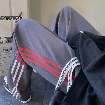 側邊條紋運動褲男春秋寬松闊腿褲拖地長褲直筒休閑褲美式高街褲子
