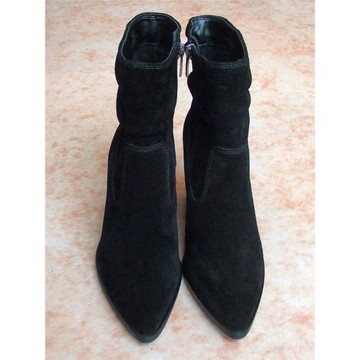 秋冬新款粗跟尖頭牛反絨女鞋超高跟側拉鏈拼接短筒靴外貿原單尾貨