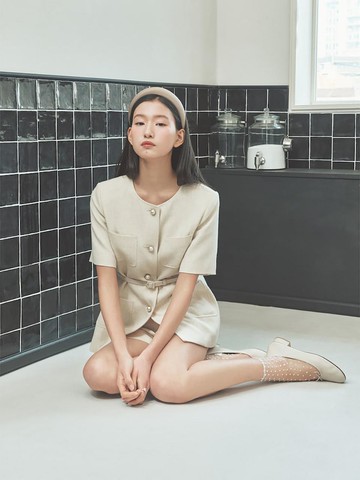 B. my Tweed Belted Long Jacket [Beige] (BF5411N01A)